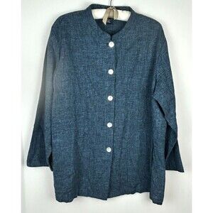 Dialogue Blue Linen Cotton Blend Button Front Jacket Size 1X Lagenlook